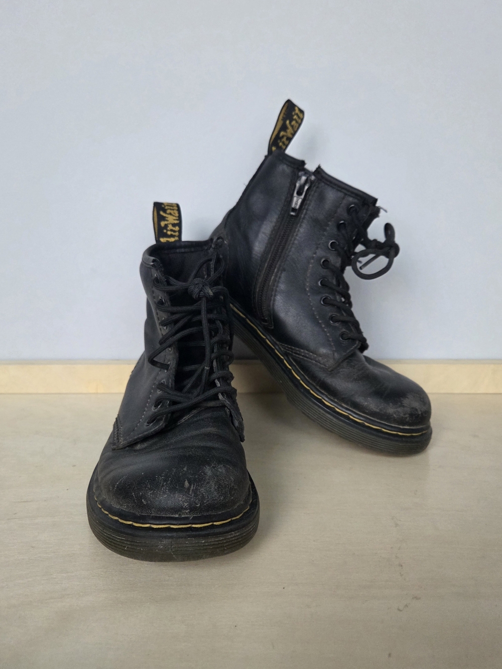 Dr. Martens Black Leather Lace-Up Zip Boots with Yellow Stitching